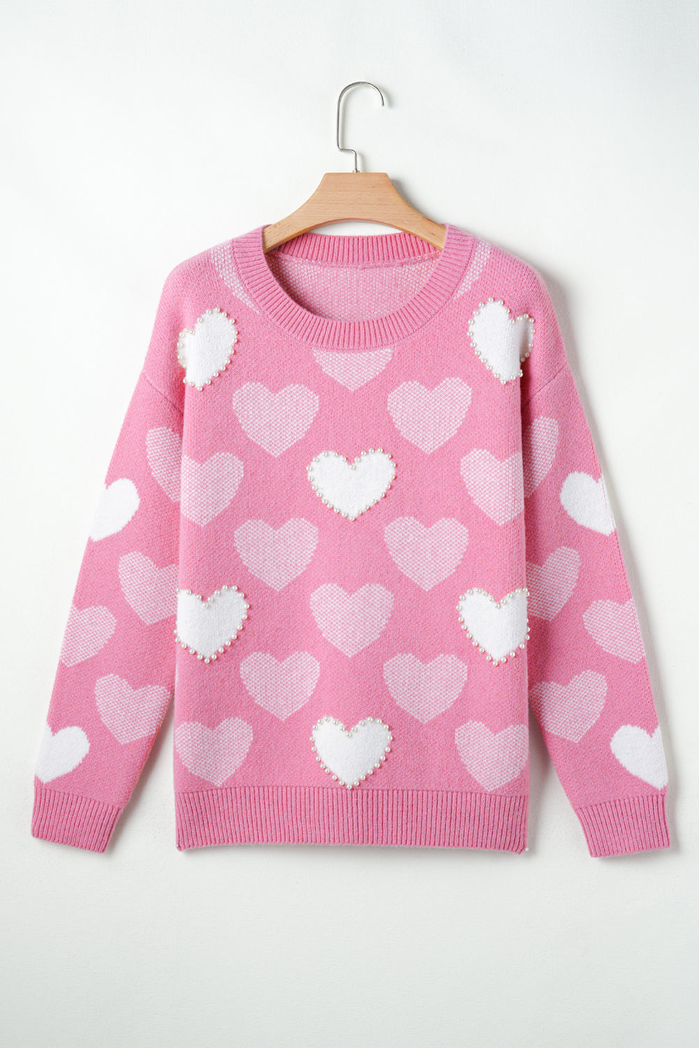 Pink Pearled Heart Print Crew Neck Sweater