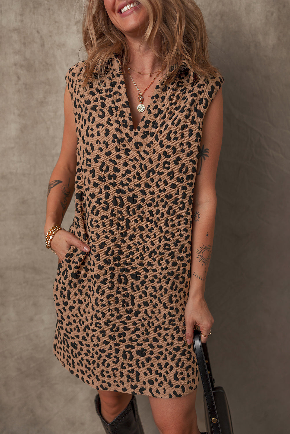 Khaki Leopard Print V Neck Sleeveless Collared Mini Dress