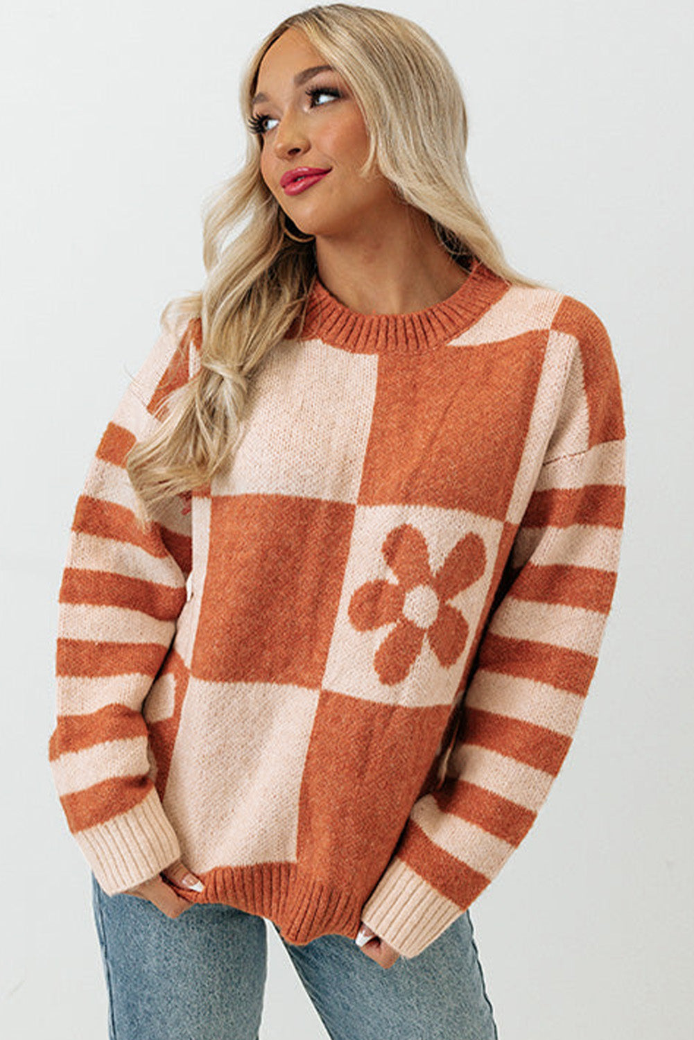 Orange Checkered Floral Sweater