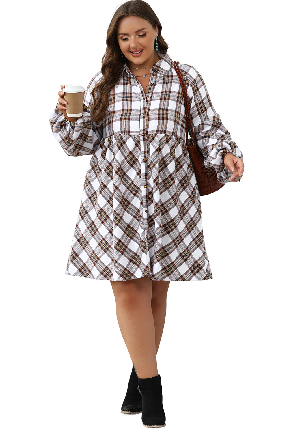 Flannel Bubble Sleeve Flowy Shirt Dress