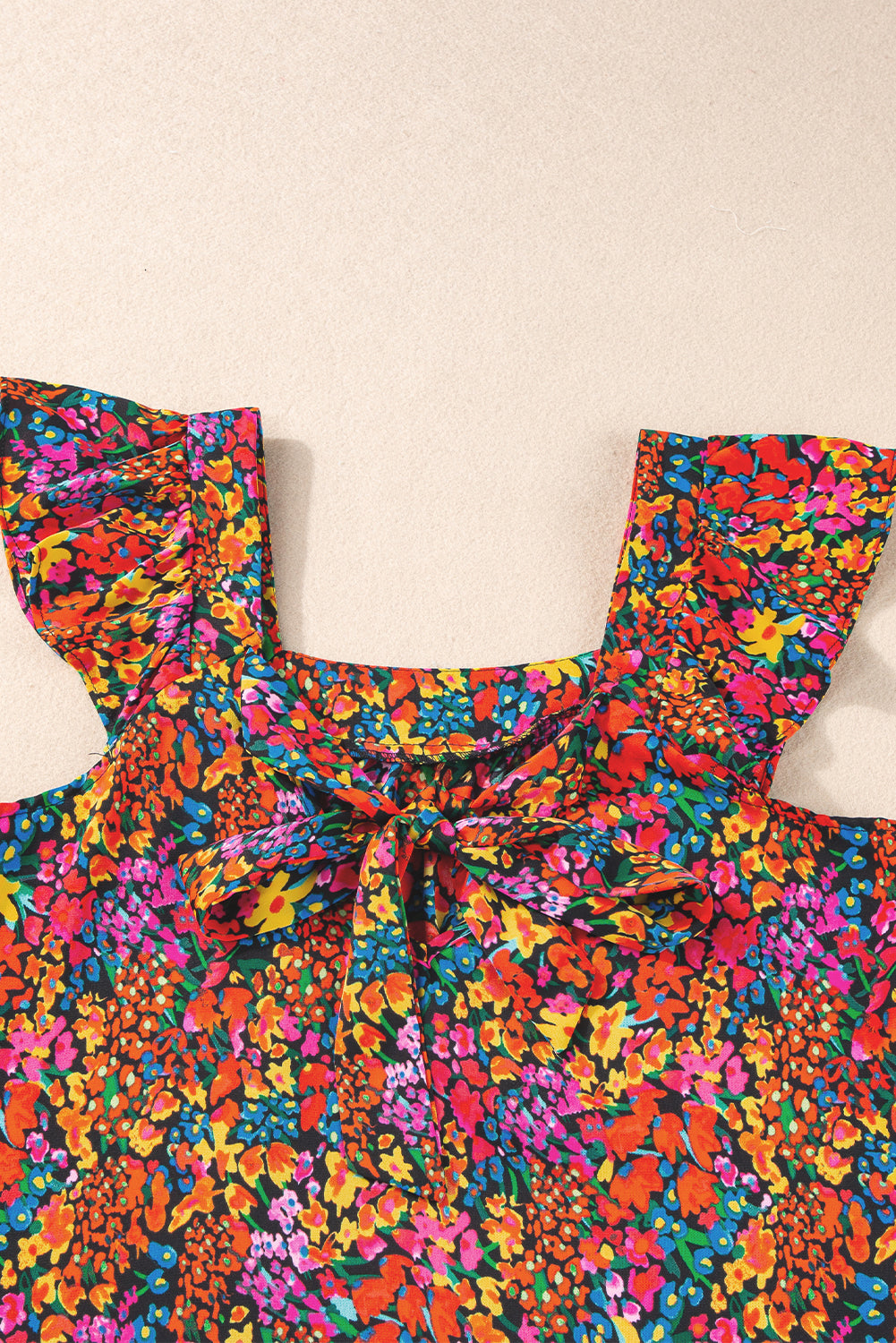 Multicolour Floral Print Cap Sleeve Square Neck Back Knot Blouse