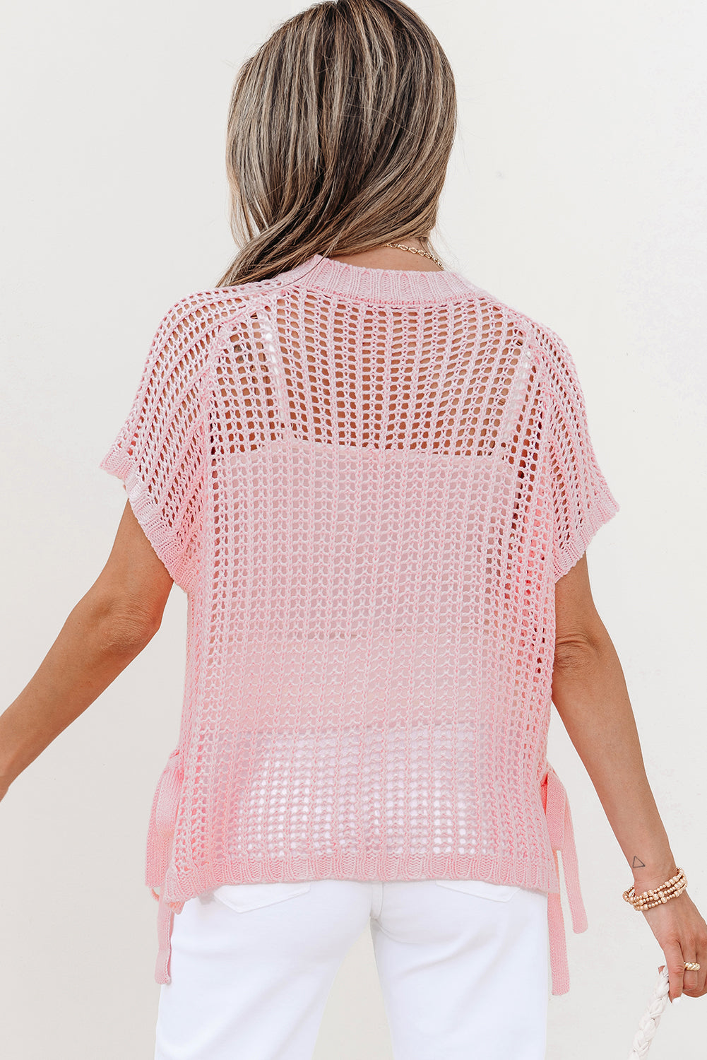 Pink Hollow-out Crochet Side Tied Short Sleeve Sweater