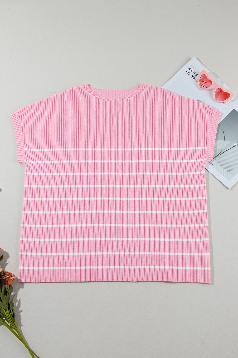 Pink Stripe Ribbed Loose Plus T Shirt