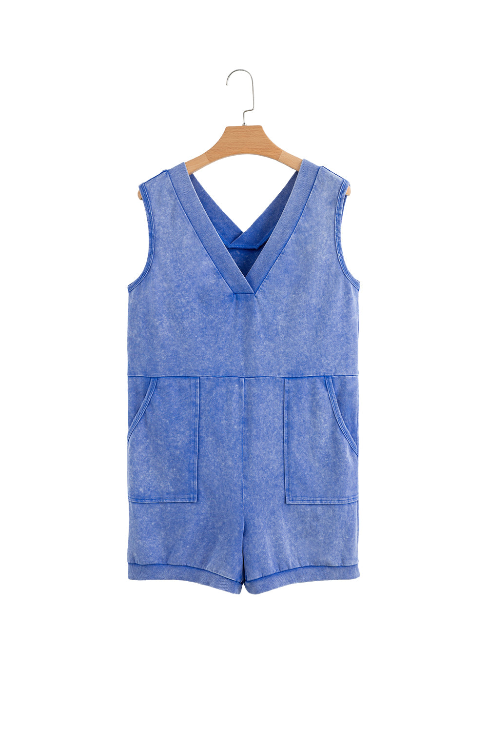 Sky Blue Mineral Wash Pocketed Sleeveless V Neck Loose Romper