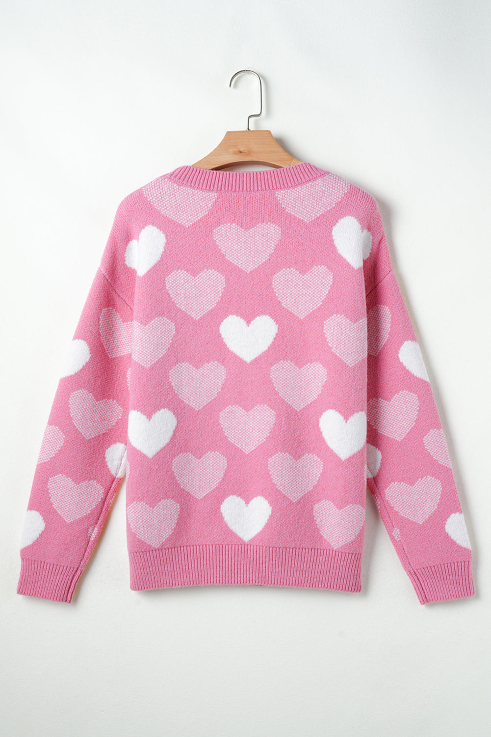 Pink Pearled Heart Print Crew Neck Sweater