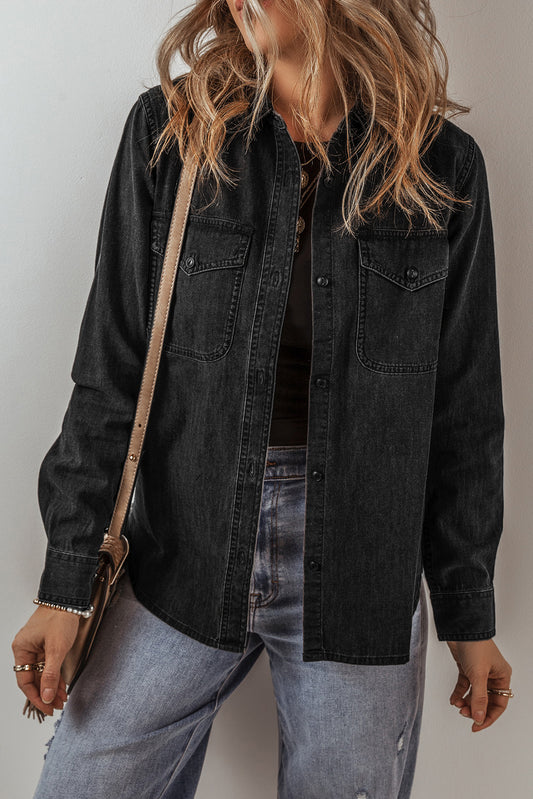 Black Flap Pocket Buttons Collared Jean Jacket