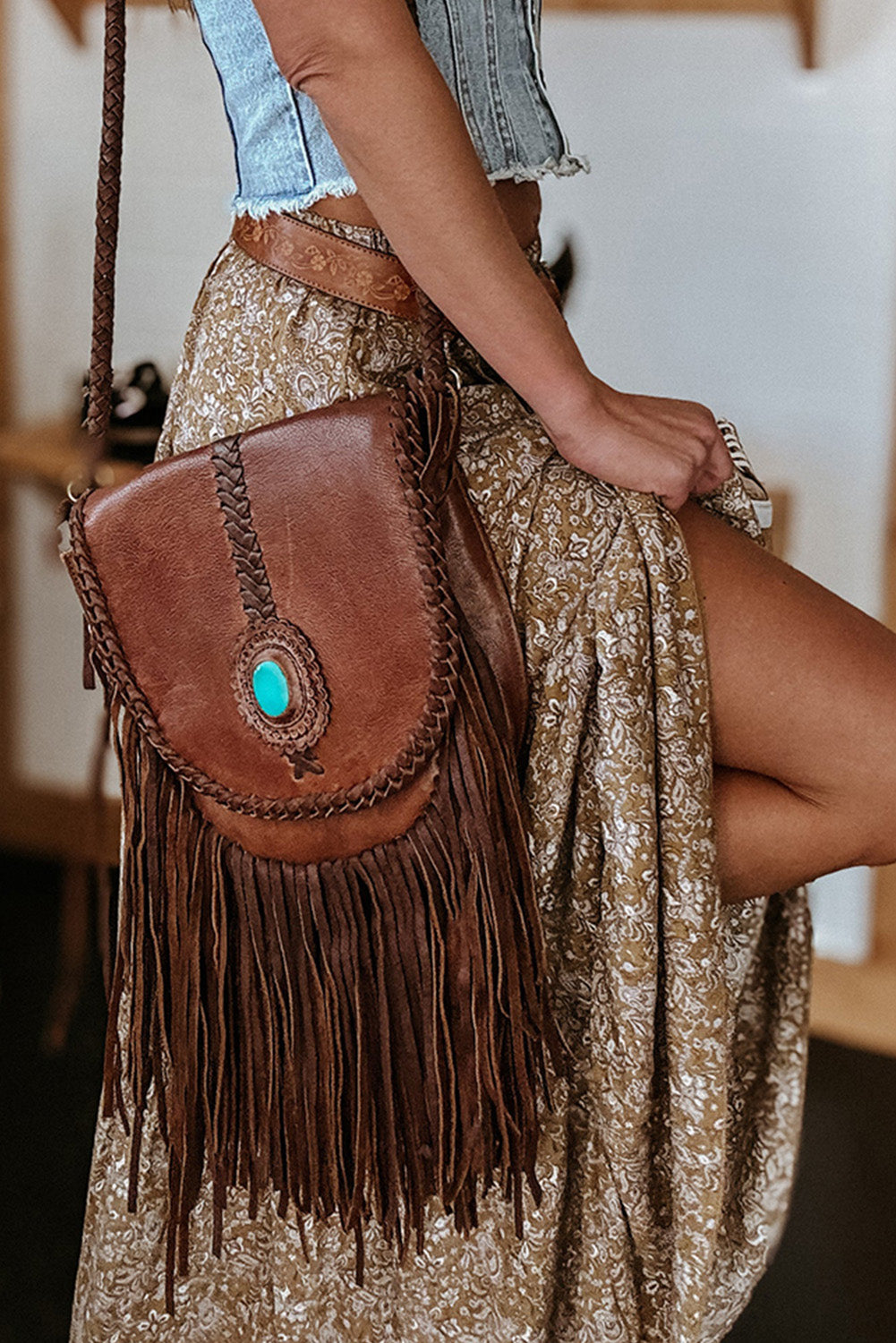 Brown Western Floral Print Maxi Skirt