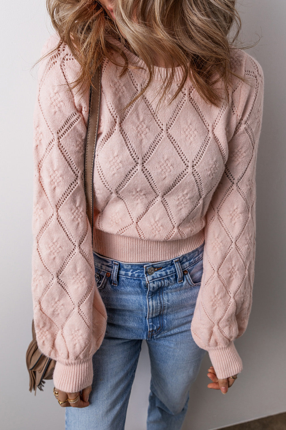 Pink Openwork Plaid Puff Sleeve Cropped Sweater