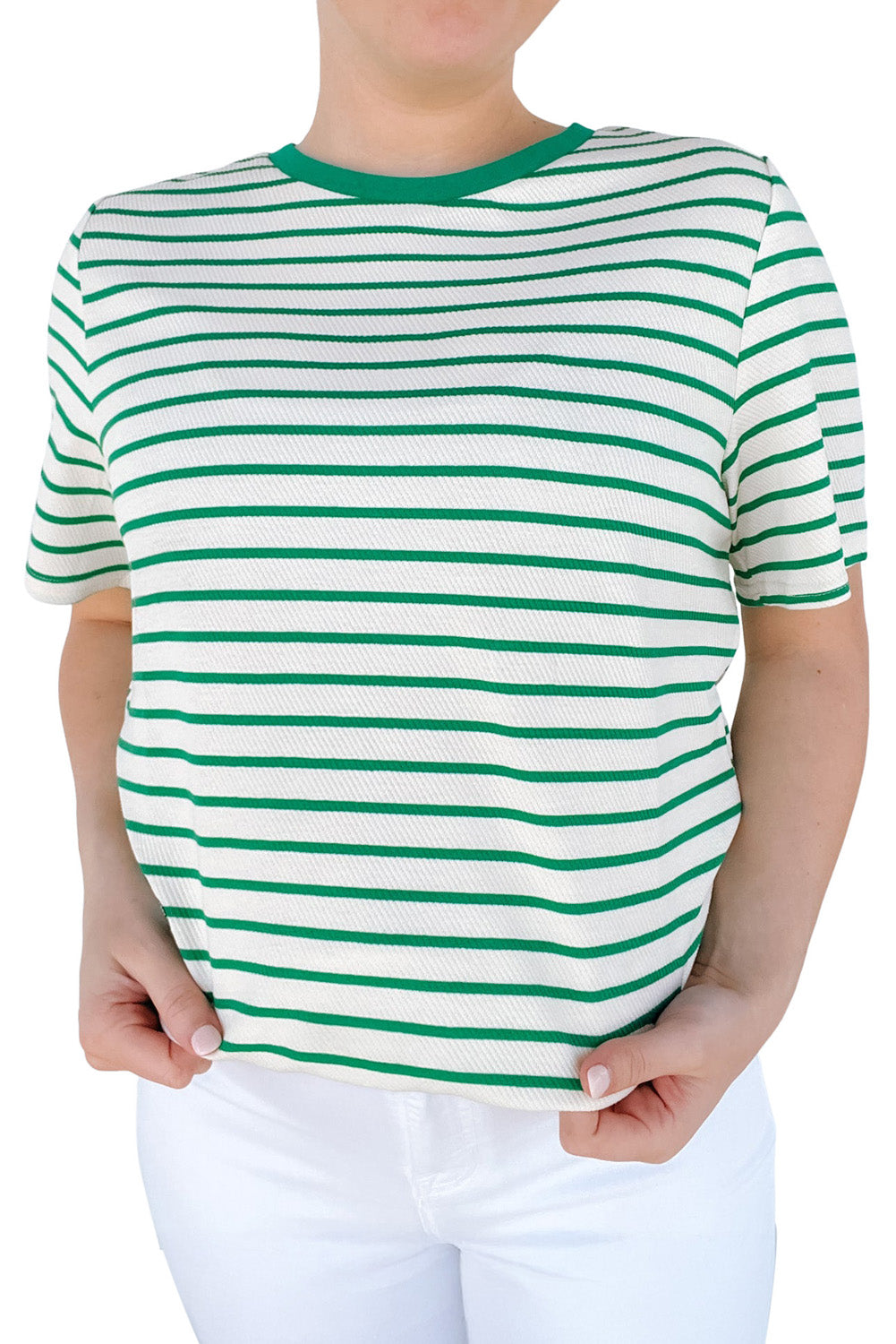 Green Stripe Plus Size Round Neck T Shirt