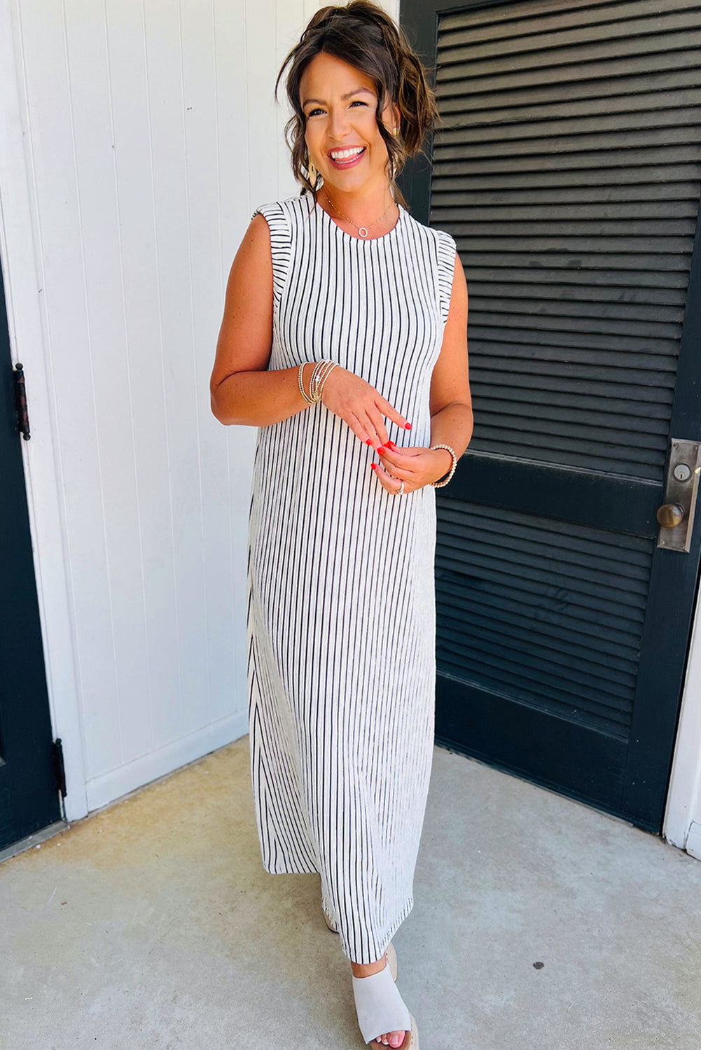 Black White Striped Vest Shift Maxi Dress