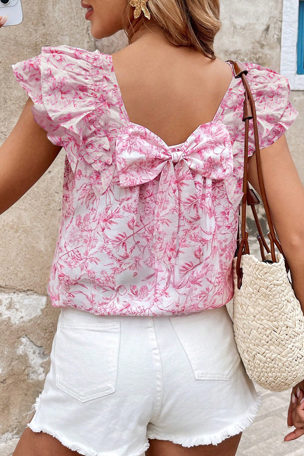 Pink Floral Ruffled Short Sleeve Bow Back Square Neck Blouse