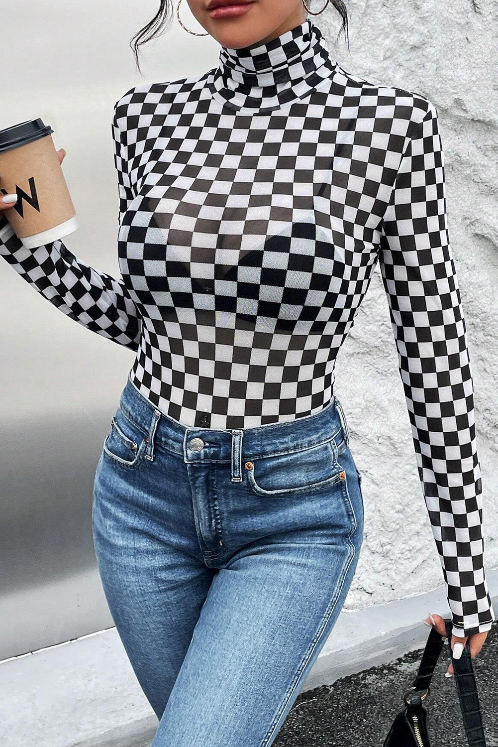 Black Checkered Mesh Bodysuit