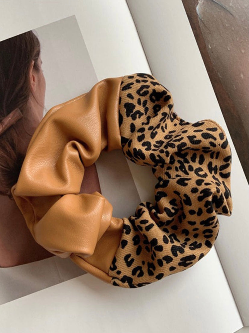 Brown leather leopard scrunchie