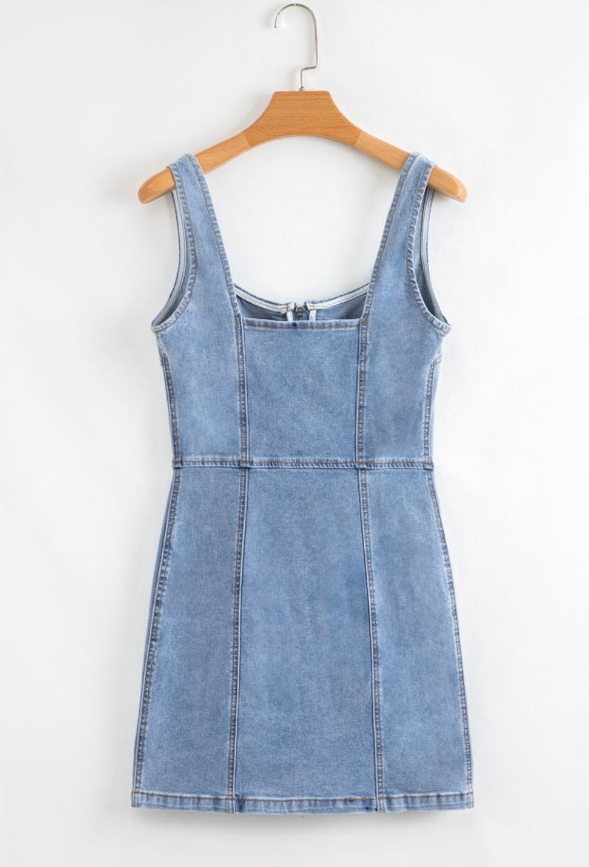 Beau Blue Seamed Zipper Square Neck Sleeveless Denim Mini Dress