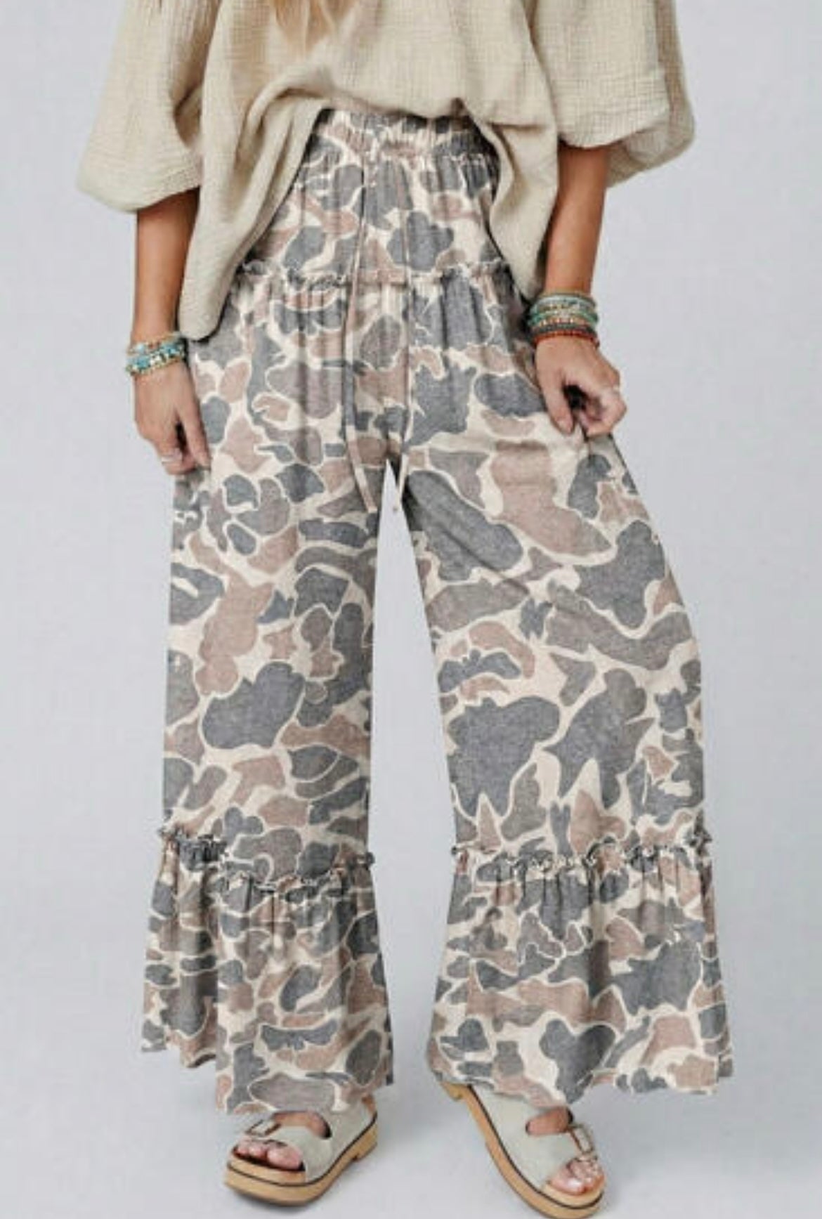 Multicolor Camo Print Wide Leg Casual Pants