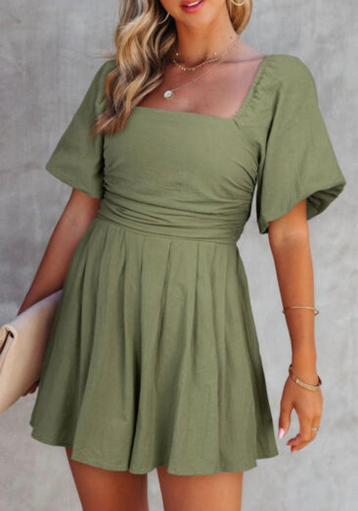 Jungle Green Square Neck Ruched Puff Sleeve Romper