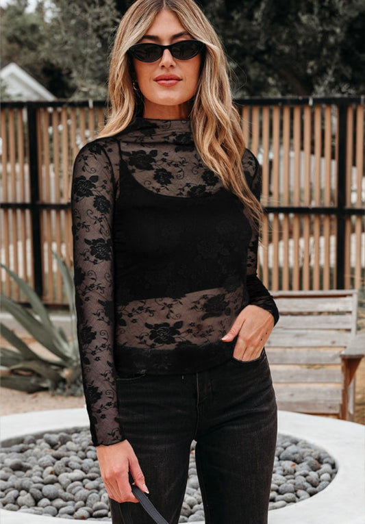 Black Floral Mesh Top