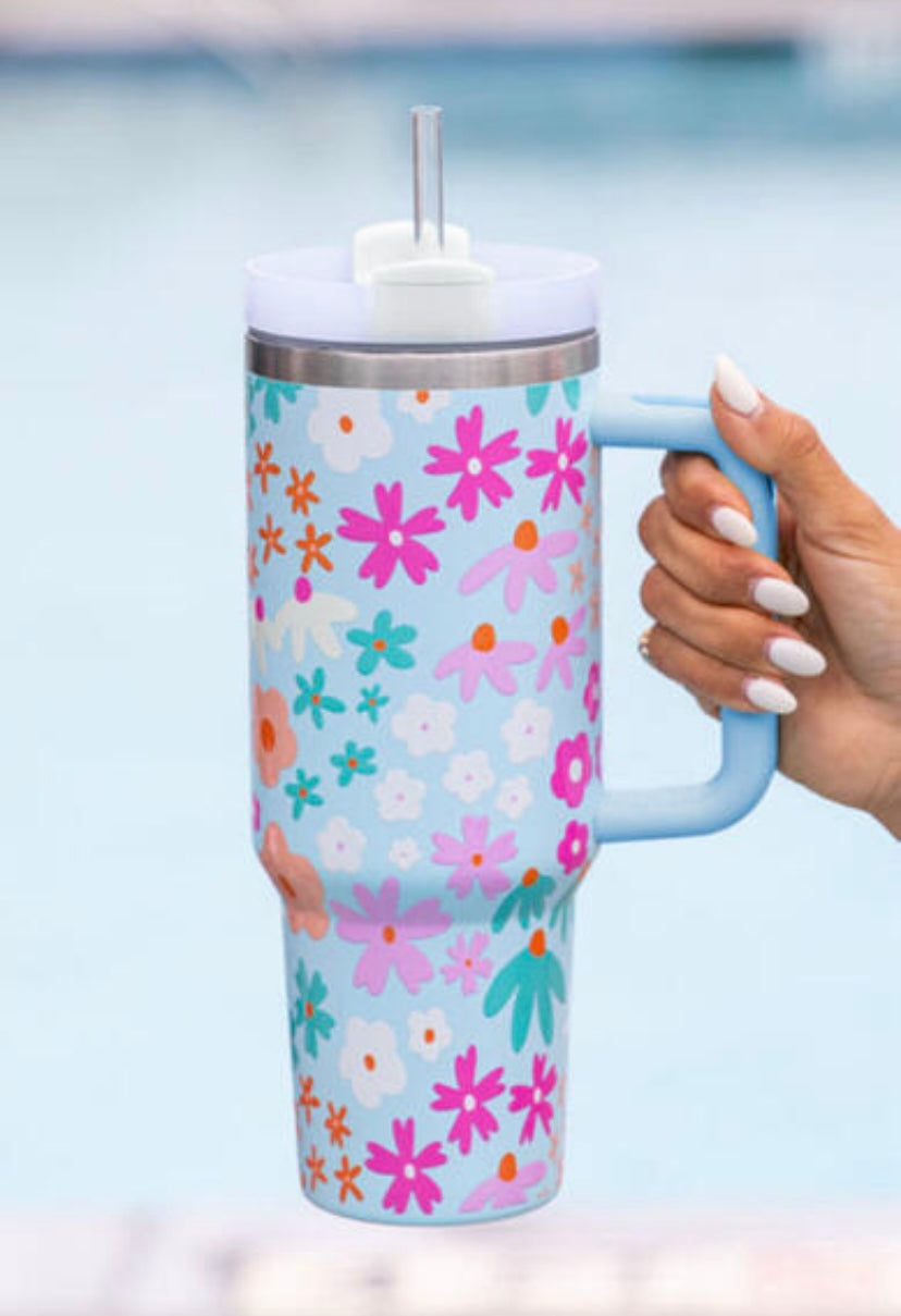 Blue Flower Tumbler with Straw