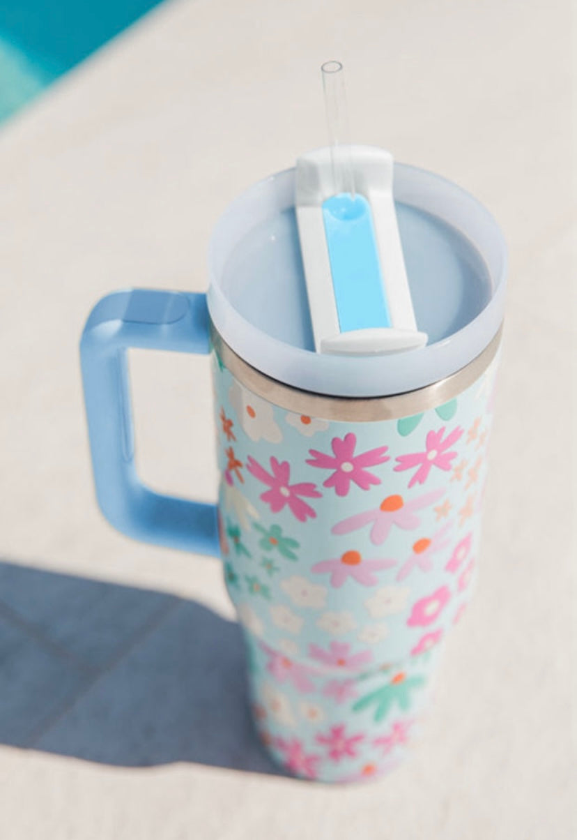 Blue Flower Tumbler with Straw