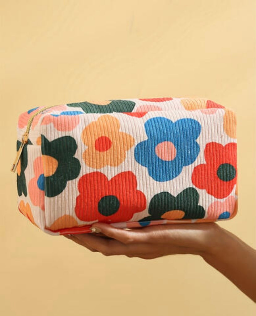 White Flower Print Cosmetic Bag