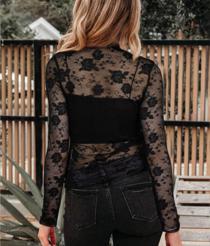 Black Floral Mesh Top
