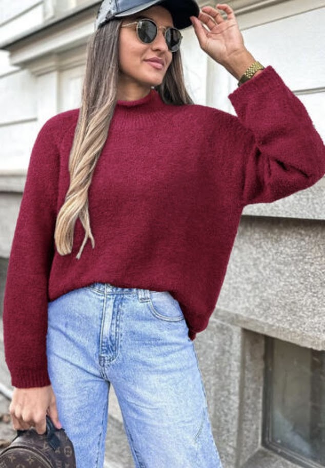 Burgundy Popcorn Mock Neck Solid Sweater
