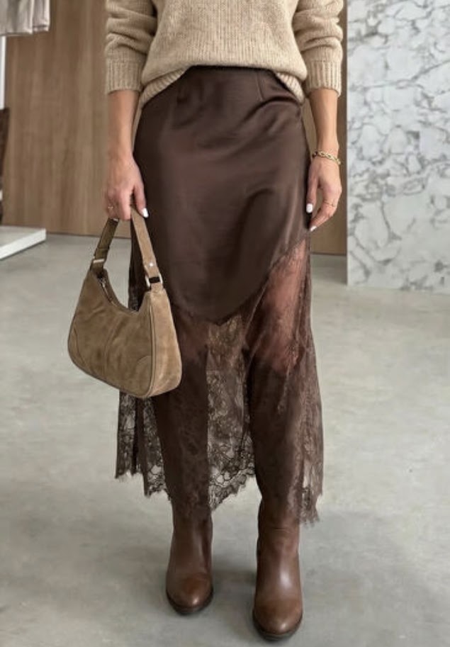 Silky Chocolate Lace Maxi Skirt