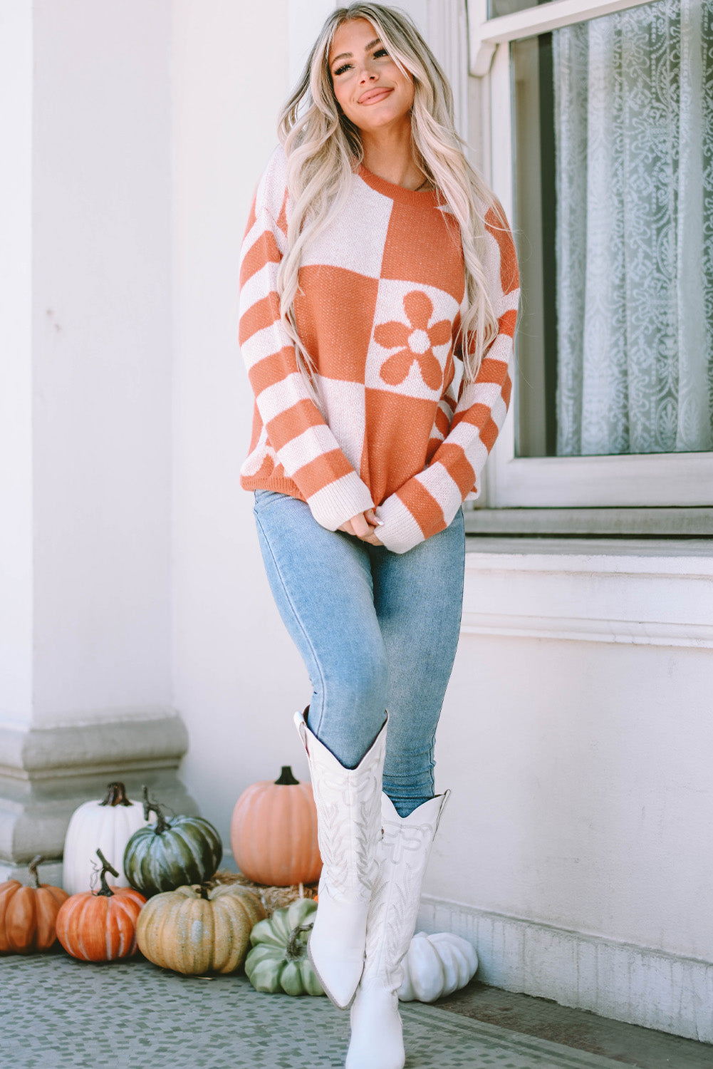 Orange Checkered Floral Sweater