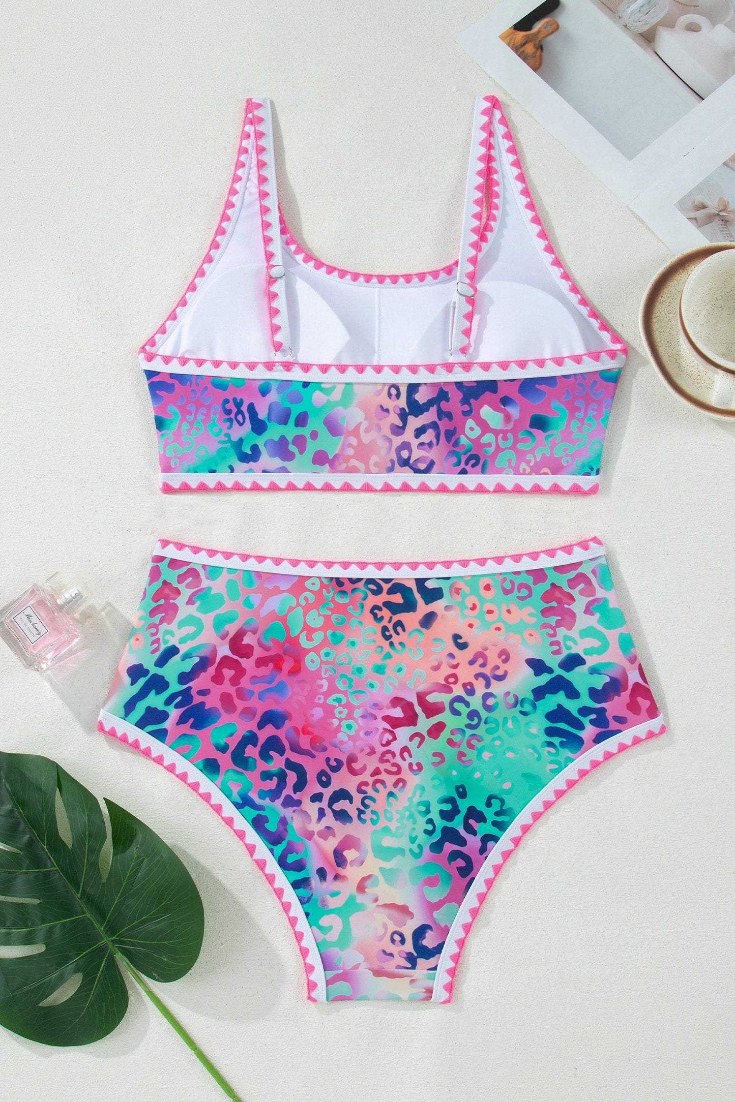 Pink Leopard Ricrac Trim Square Neck High Waist Bikinich