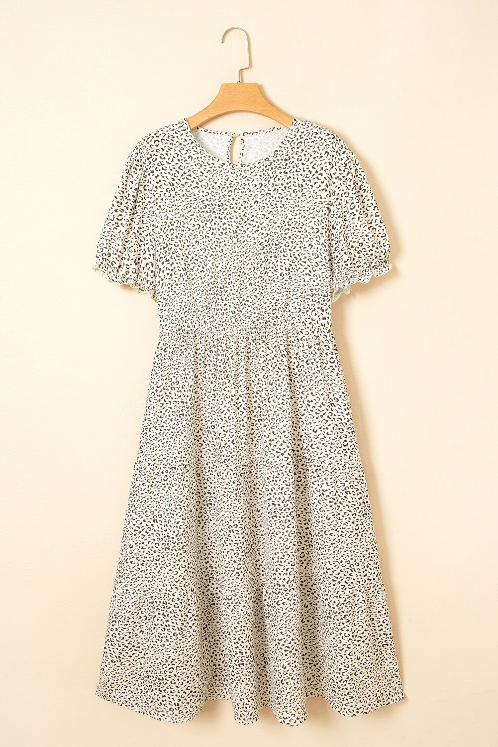 Beige Plus Size Leopard Print Frill Trim Short Sleeve Flared Dress