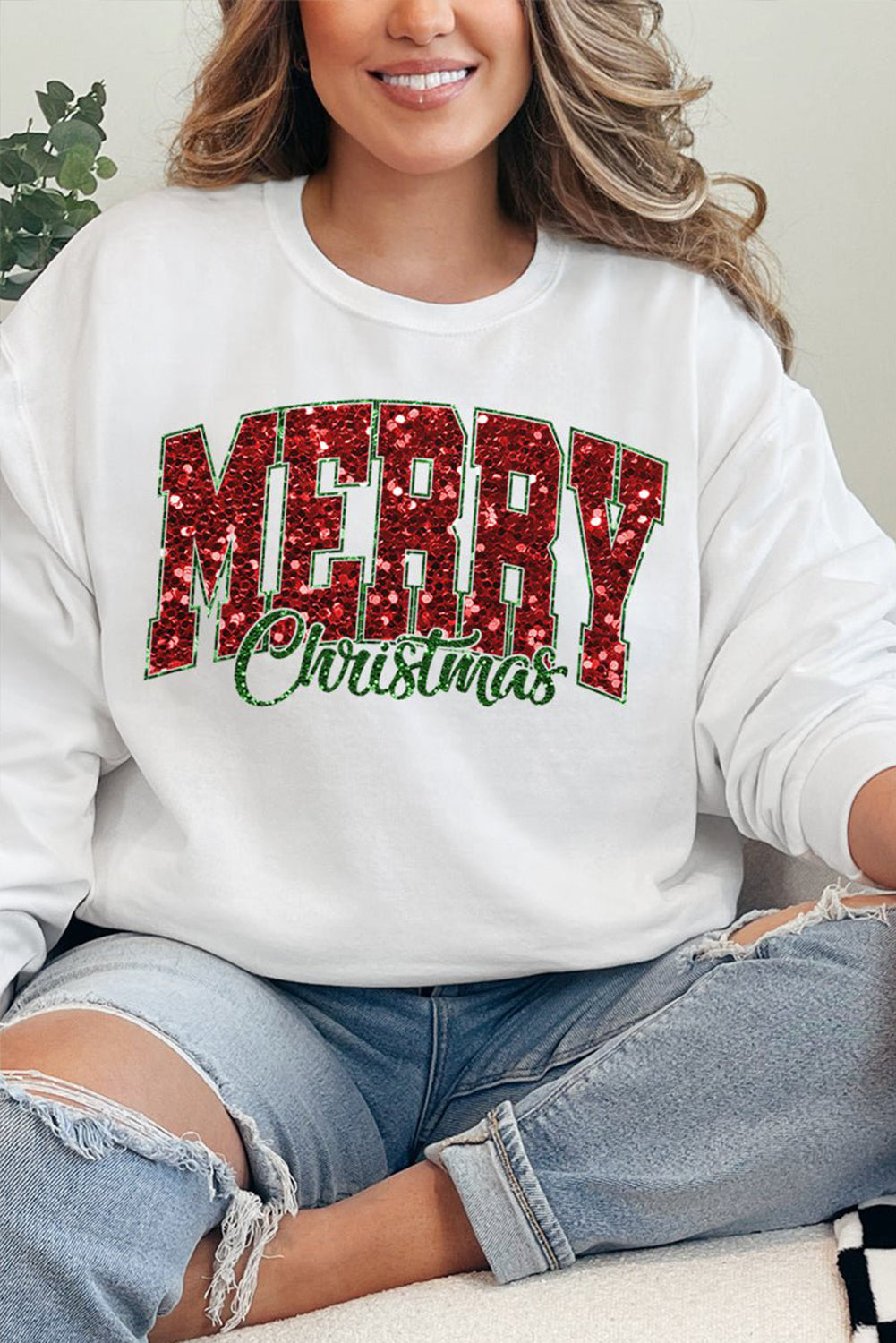 White MERRY Christmas Graphic Crewneck Pullover Sweatshirt