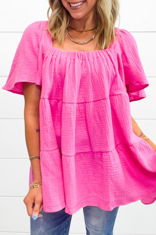 Bright Pink Textured Square Neck Flutter Sleeve Tiered Flowy Blouse