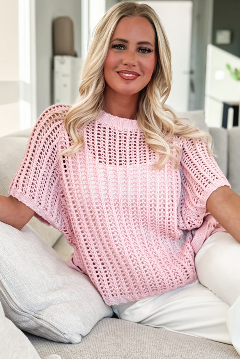 Pink Hollow-out Crochet Side Tied Short Sleeve Sweater