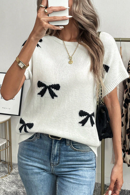 Black Bow Pattern Knit Short Sleeve Sweater