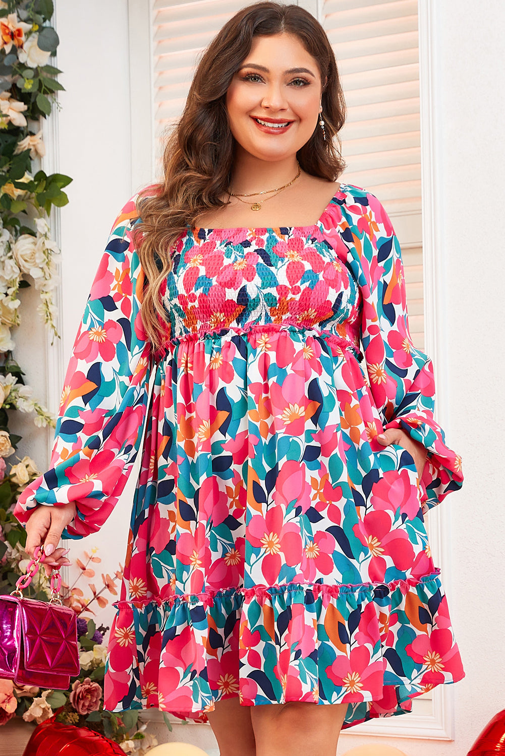 Floral Square Neck Plus Size Dress