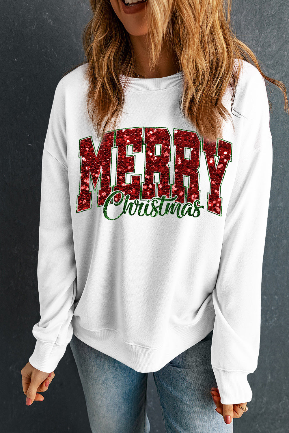 White MERRY Christmas Graphic Crewneck Pullover Sweatshirt