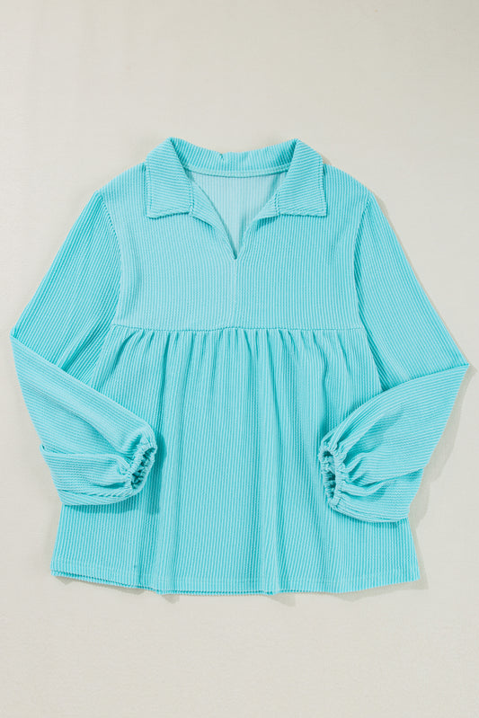 Turquoise Corded Balloon Sleeve Collar Plus Babydoll Top