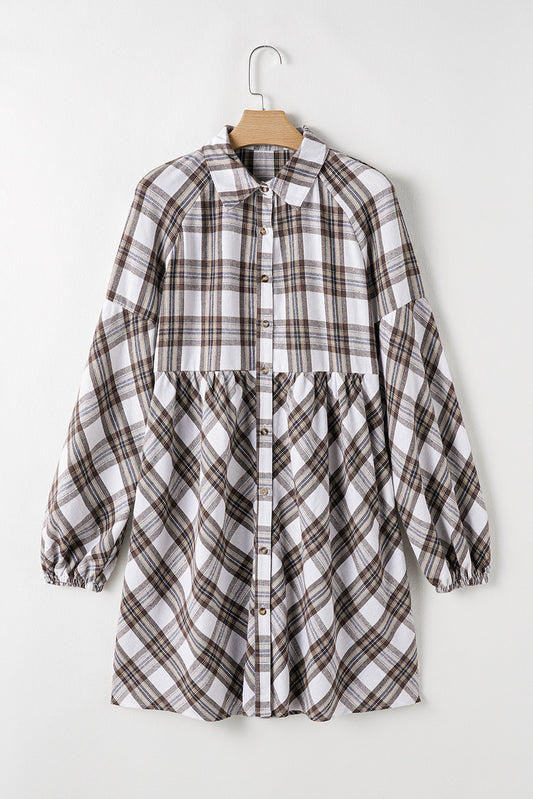 Flannel Bubble Sleeve Flowy Shirt Dress