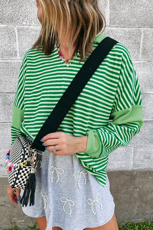 Green Stripe Turn-Down V Neck Patchwork Loose Top