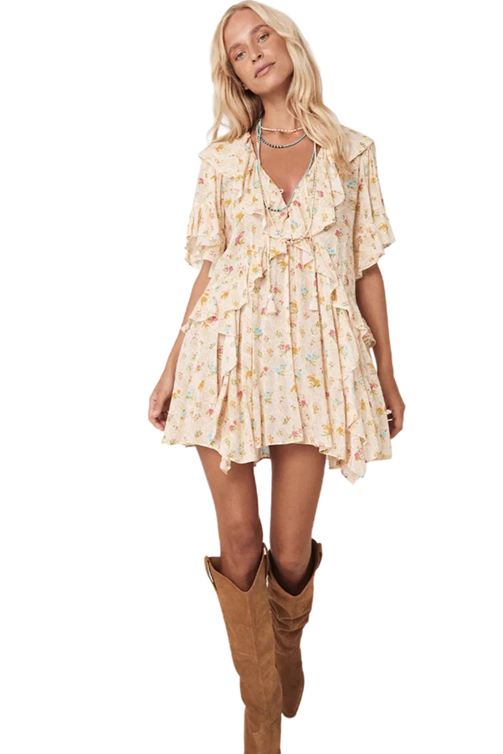 Apricot Boho Floral Tassel Tie V Neck Ruffle Wide Sleeve Mini Dress