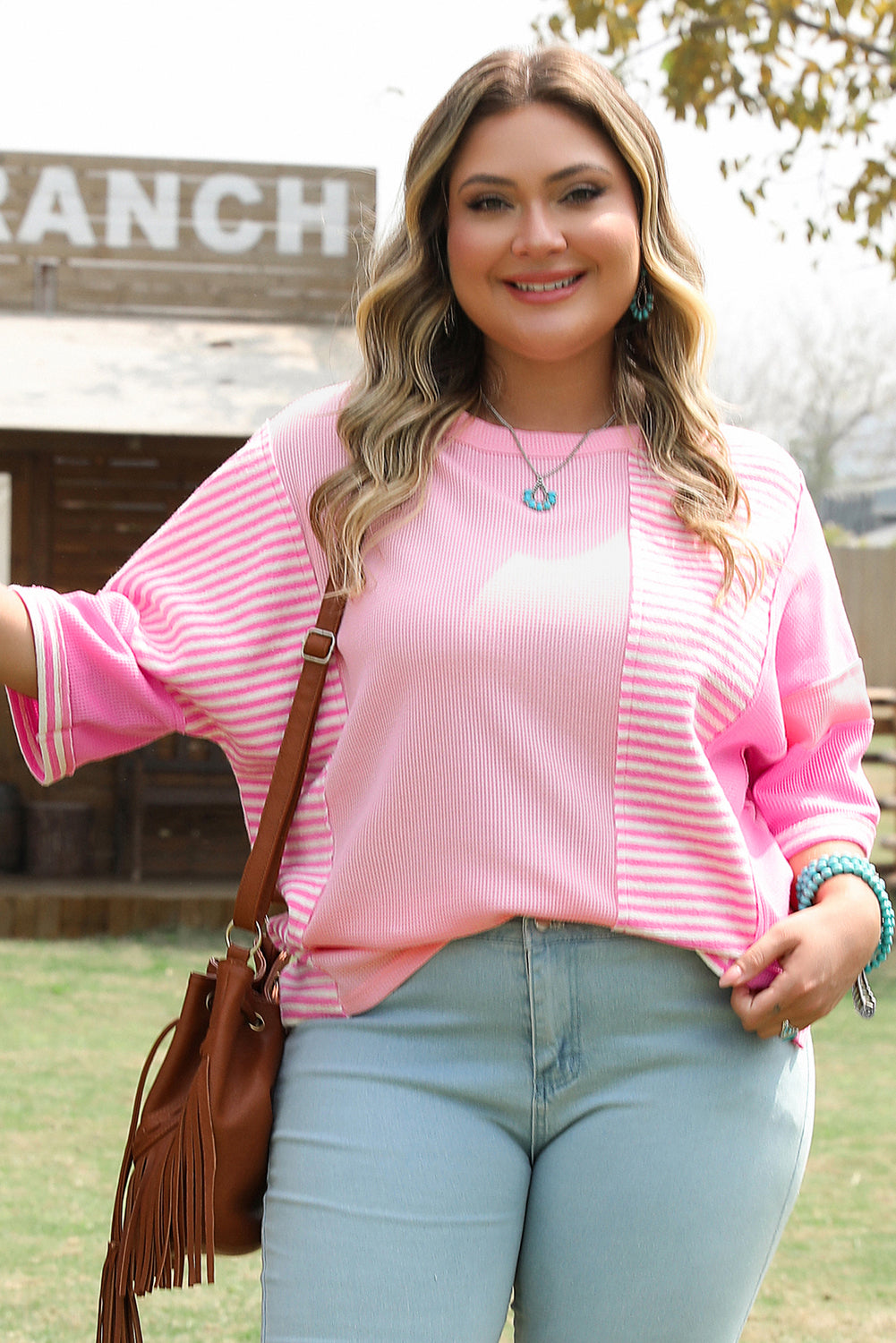Pink Stripe Patchwork Colorblock Plus Size T Shirt