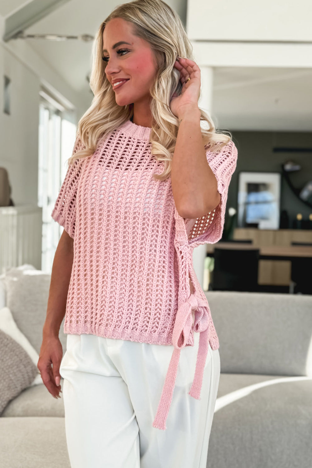 Pink Hollow-out Crochet Side Tied Short Sleeve Sweater