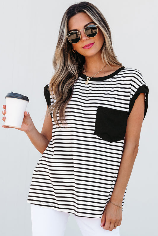 Black Stripe Chest Pocket Patch Round Neck Tank Top