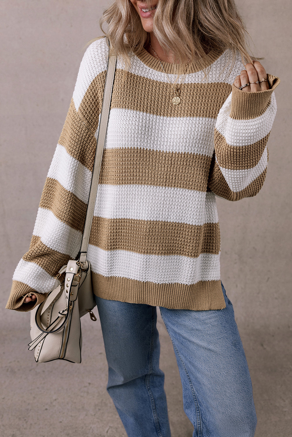 Light French Beige Colorblock Striped Drop Shoulder Side Slit Sweater