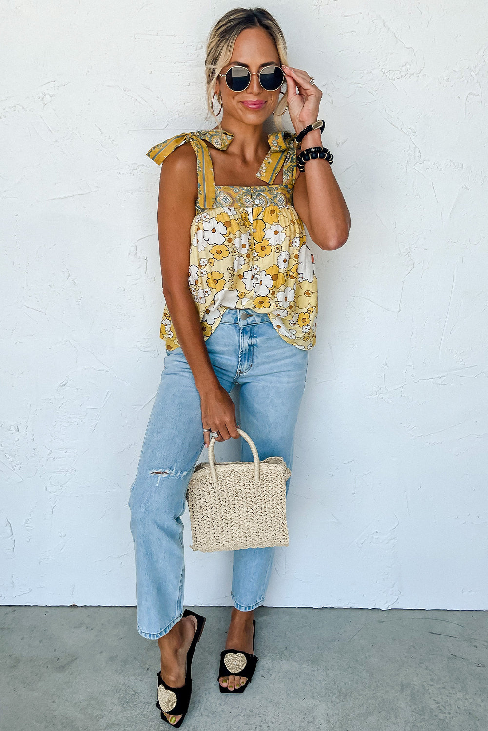 Yellow Floral Patchwork Tied Straps Buttoned Tank Top