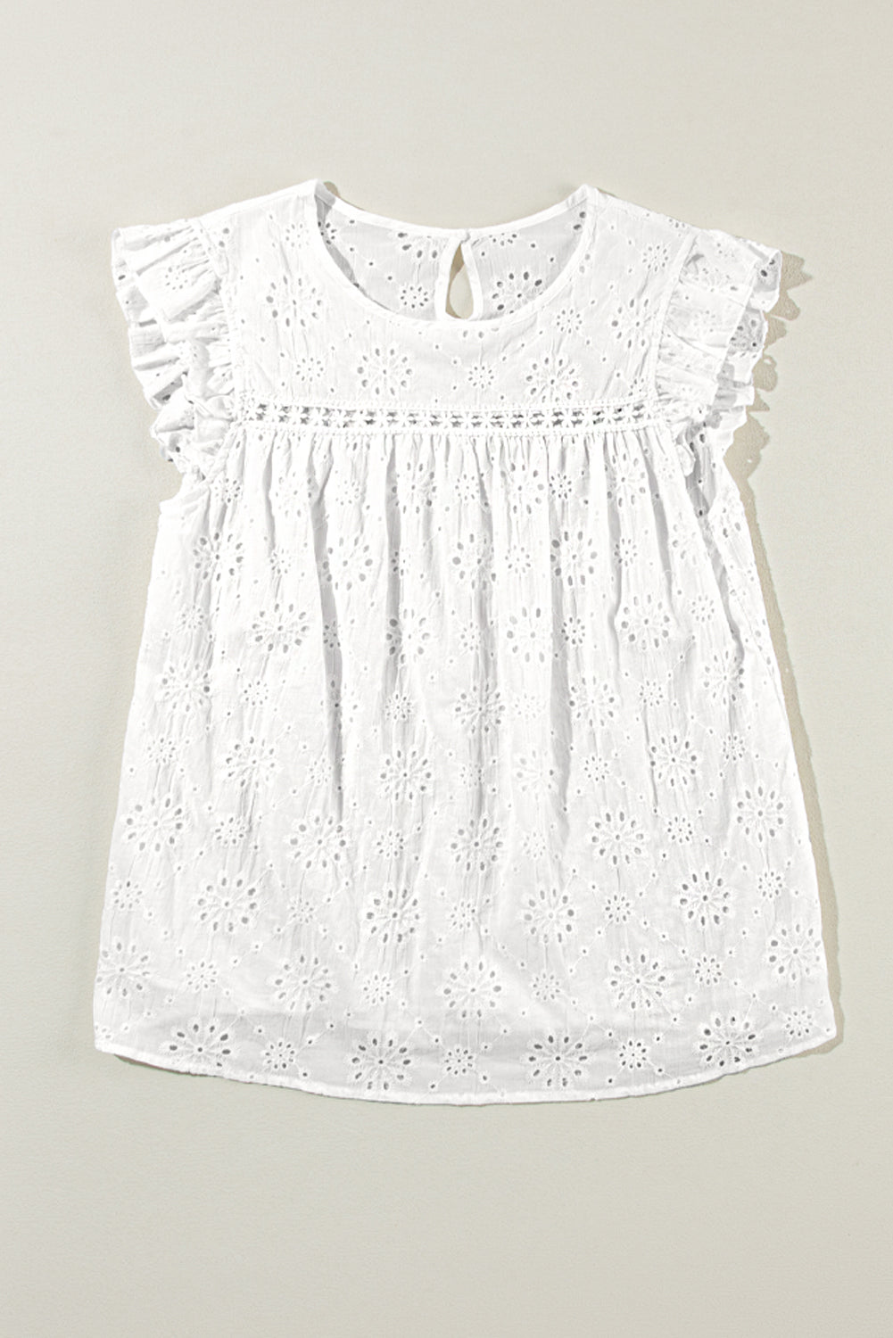 White Eyelet Embroidered Ruffled Flutter Sleeve Blouse