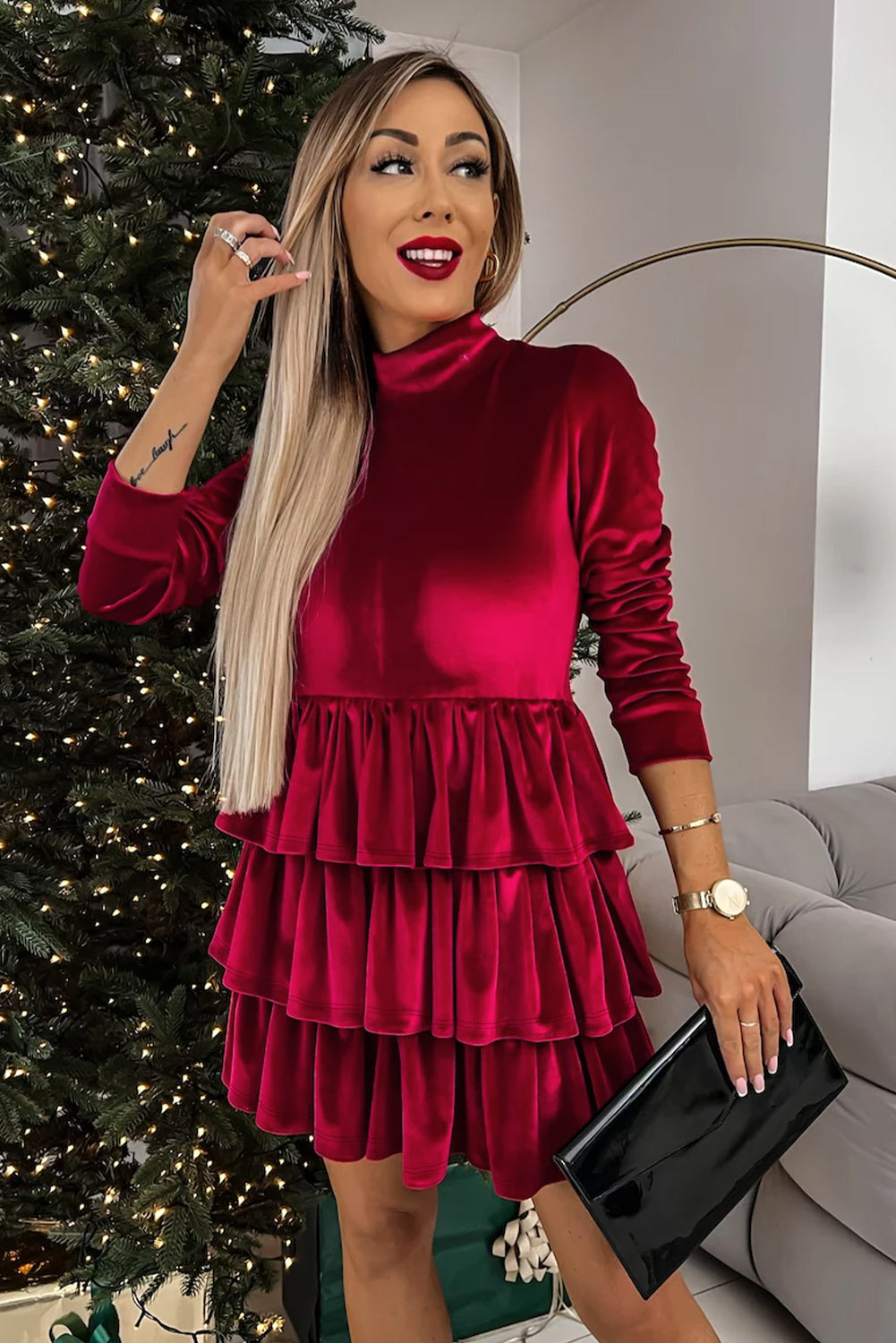 Red Velvet Ruffle Mini Dress