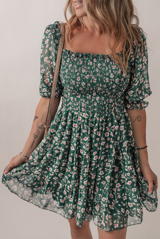 Green Smocked Square Neck Floral Dress