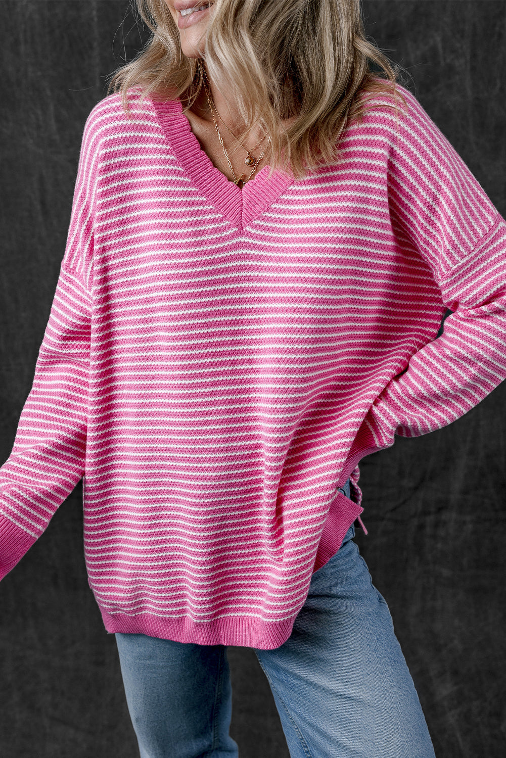 Pink Striped Scallop V Neck Loose Sweater with Slits