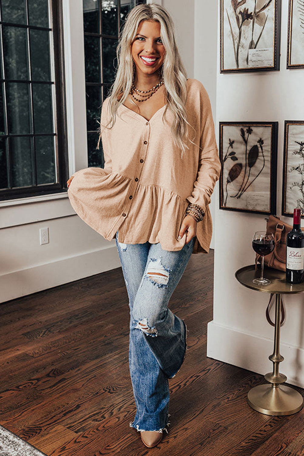 Beige Ruffled Buttoned V Neck Shirt